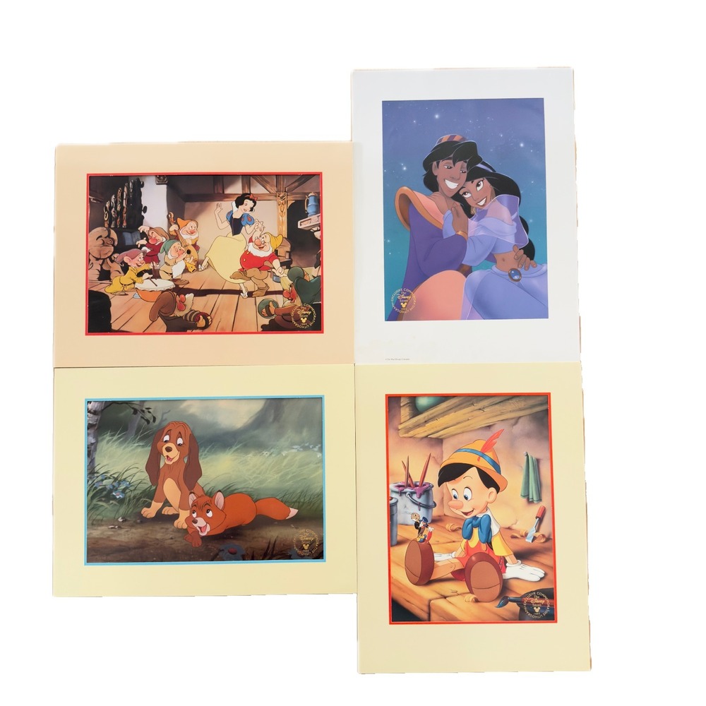 Vintage Disney‎ Store Lithograph Set of 4 Snow White Pinocchio Aladdin Fox Hound